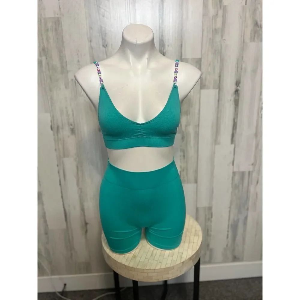 Teal Ribbed Athletic Set XS | Bralette Crop Top & High Waist Biker Shorts | Stre